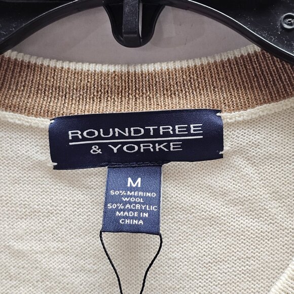New Roundtree & Yorke Mens Cotton V Neck Sweater Argyle Beige Gray Cream M - Picture 6 of 10